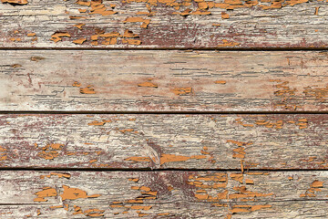 Wooden boards with a shabby orange paint background. Sunny autumn day. Front view.