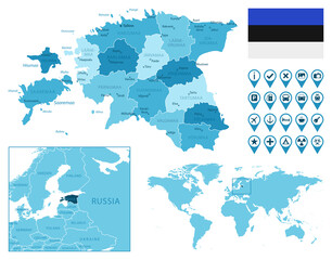 Estonia detailed administrative blue map with country flag and location on the world map. Vector illustration