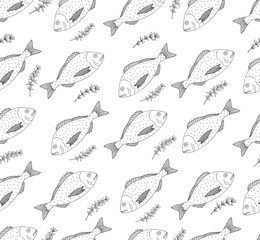 Obraz premium Seamless pattern, fish Dorado with greenery, hand drawn. Vector illustration.