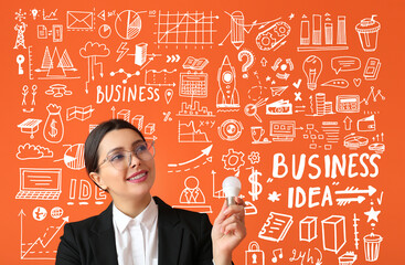 Thoughtful businesswoman with light bulb on color background. Concept of business idea