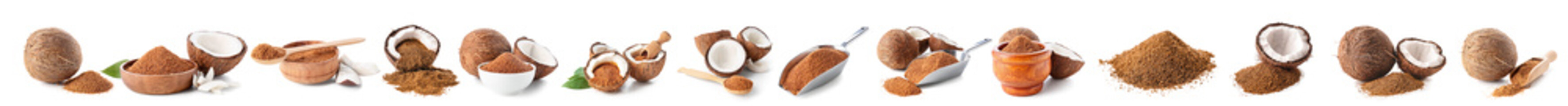 Collage of ripe coconuts with sugar on white background