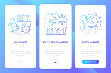 Obraz na płótnie Canvas Virus types onboarding mobile app page screen with concepts. Mutated illness variants walkthrough 3 steps graphic instructions. UI, UX, GUI vector template with linear color illustrations