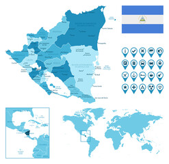 Nicaragua detailed administrative blue map with country flag and location on the world map. Vector illustration