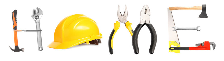 Word HOME made of construction tools on white background