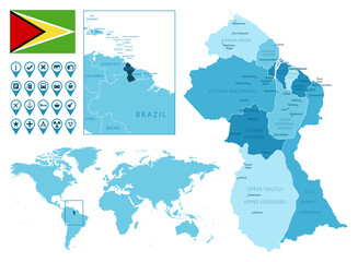 Guyana detailed administrative blue map with country flag and location on the world map. Vector illustration