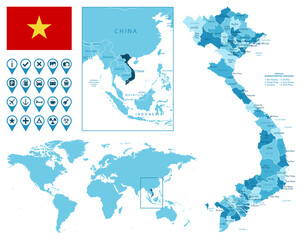 Vietnam detailed administrative blue map with country flag and location on the world map. Vector illustration