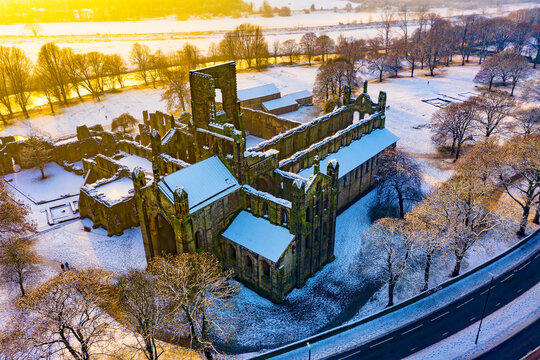 Kirkstall Abbey in winter from a bird view (drone photography)