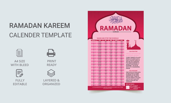 Iftar And Prayer Timetable For Ramadan. Ramadan Calendar Schedule, Ramadan Kareem Timing Calendar.