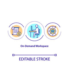 On-demand workspace concept icon. Booking conference rooms idea thin line illustration. Boosting efficiency. Renting meeting space. Vector isolated outline RGB color drawing. Editable stroke