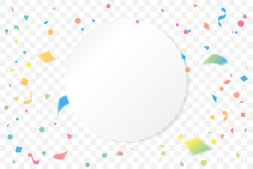Many falling colorful confetti with circle frame isolated on transparent background. Celebration banner. Vector