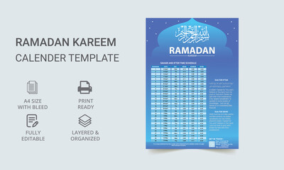 Ramadan timetable calendar template. Ramadan Calendar. Ramadan Kareem Timing Calendar. Iftar and Prayer timetable.