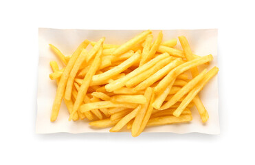 Plate with tasty french fries on white background