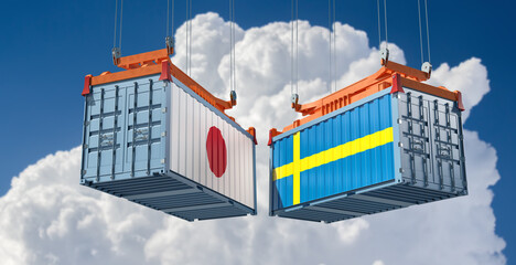 Freight containers with Sweden and Japan flag. 3D Rendering 