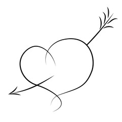 Broken heart with Cupid arrow in line art style isolated on white background. Editable decorative shape for print, card and other use.