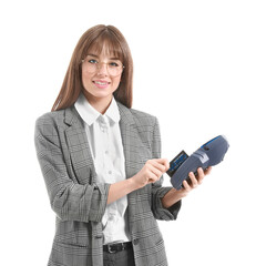 Young businesswoman with payment terminal and credit card on white background