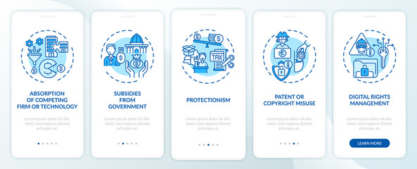 Anti-competitive policy onboarding mobile app page screen with concepts. Acquisition, subsides walkthrough 5 steps graphic instructions. UI, UX, GUI vector template with linear color illustrations