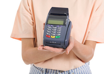 Young woman with payment terminal on white background, closeup