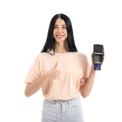 Young woman with payment terminal showing thumb-up on white background