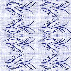 Denim blue white flower linen wash texture. Seamless textile effect background. Weathered indigo dye pattern. Modern coastal cottage beach decor. Rustic vintage floral bloom fabric material tile
