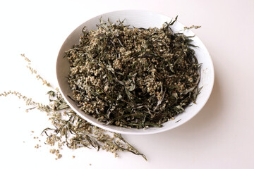 Dried artemisia vulgaris, the common mugwort. Mugwort has been used medicinally and as culinary herbs. It is suitable as an ingredient in salads. Medicinal plant.                                      