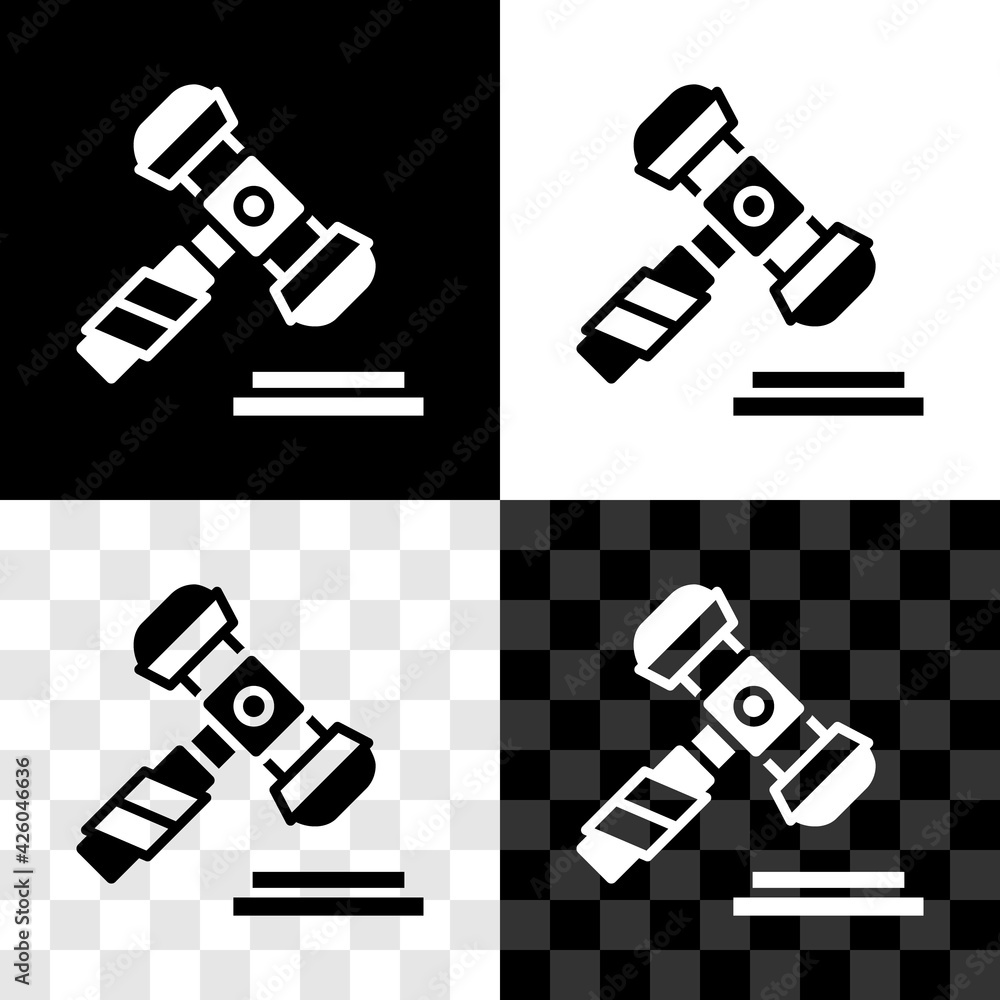 Poster set judge gavel icon isolated on black and white, transparent background. gavel for adjudication of 