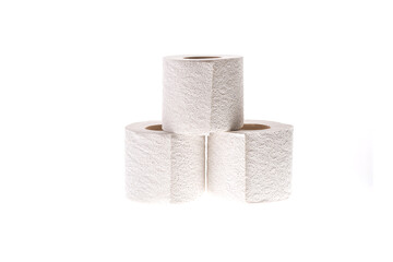 three rolls of toilet paper on white background