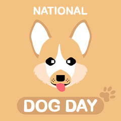 Illustration for National Dog Day, Corgi dog on orange background, Great for card, Banner and emblem.	