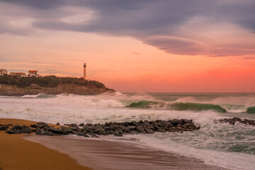 Sunset at the lighthouse of Biarritz, France 