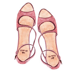 A set of watercolor illustrations with various women's accessories, shoes and bags