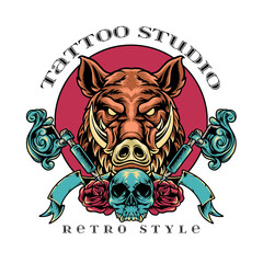 boar tattoo studio retro style illustration