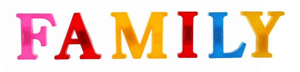 The word family is lined with multicolored plastic letters isolated on white background.