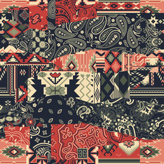 Bandana paisley and native American motifs  fabric patchwork abstract vector seamless pattern