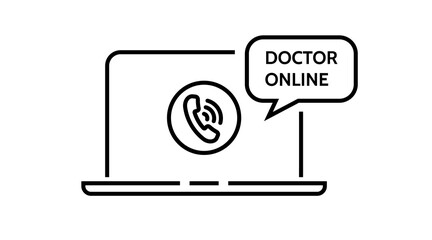 Call button online medical consultation Doctor laptop pictogram, icon. Vector line healthcare concept illustrataon