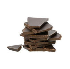 stack of pieces of black chocolate isolated on a white background