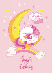 Vector vertical illustration baby unicorn on the moon
