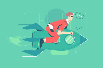 Businessman flying on red rocket