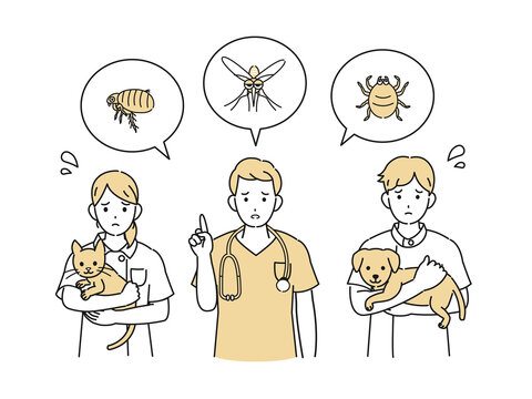 獣医　犬と猫の病気　害虫について説明する　イラスト素材