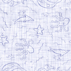 Denim blue white fish linen texture. Seamless textile effect background. Weathered indigo dye pattern. Coastal cottage beach home decor. Rustic vintage sealife animal marine fabric material tile.
