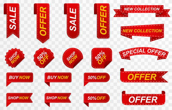 Set of red ribbons, price tags, discounts. Discount offer, sale with red ribbon png. Vector image.
