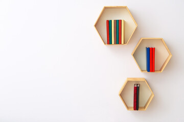 Shelves with books hanging on light wall