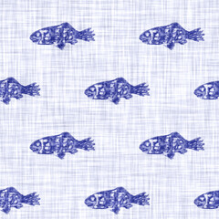 Denim blue white fish linen texture. Seamless textile effect background. Weathered indigo dye pattern. Coastal cottage beach home decor. Rustic vintage sealife animal marine fabric material tile.
