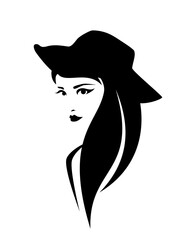 beautiful cowgirl with long hair wearing traditional cowboy hat - woman head black and white vector portrait