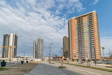 Belgrade, Serbia - March 28, 2021: Construction site in Belgrade Waterfront building complex. Construction of buildings on the bank of the Sava River in the city center. 