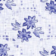 Denim blue white flower linen wash texture. Seamless textile effect background. Weathered indigo dye pattern. Modern coastal cottage beach decor. Rustic vintage floral bloom fabric material tile

