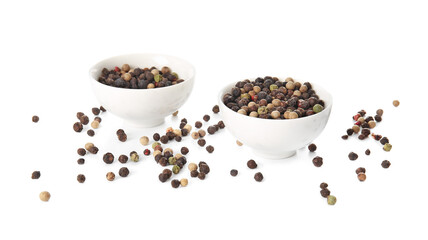 Bowls with mixed peppercorns on white background