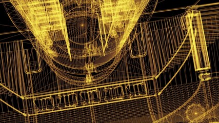 3d rendering - wire frame model of industrial buildings and HUD Element in Hologram Style