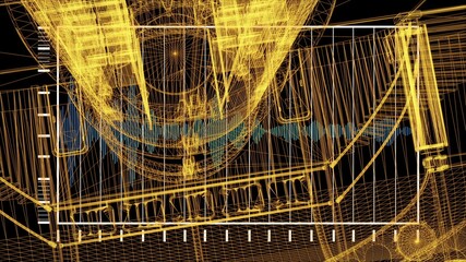 3d rendering - wire frame model of industrial buildings and HUD Element in Hologram Style