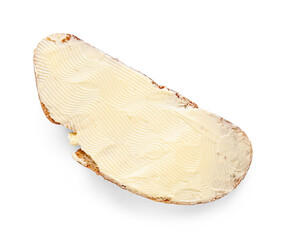 Slice of fresh bread with butter on white background