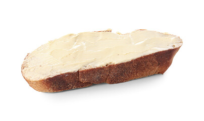 Slice of fresh bread with butter on white background