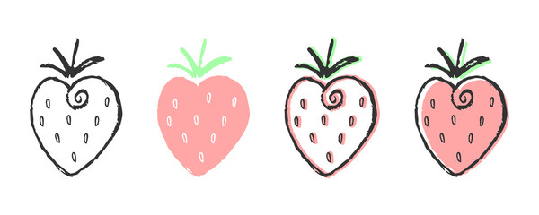 Set of strawberries on a white background. Icon, label, emblem, logo, badge with berry. Hand drawn, grunge. Vector design element for cover, packaging, wrapper, website, print for t-shirt and clothing